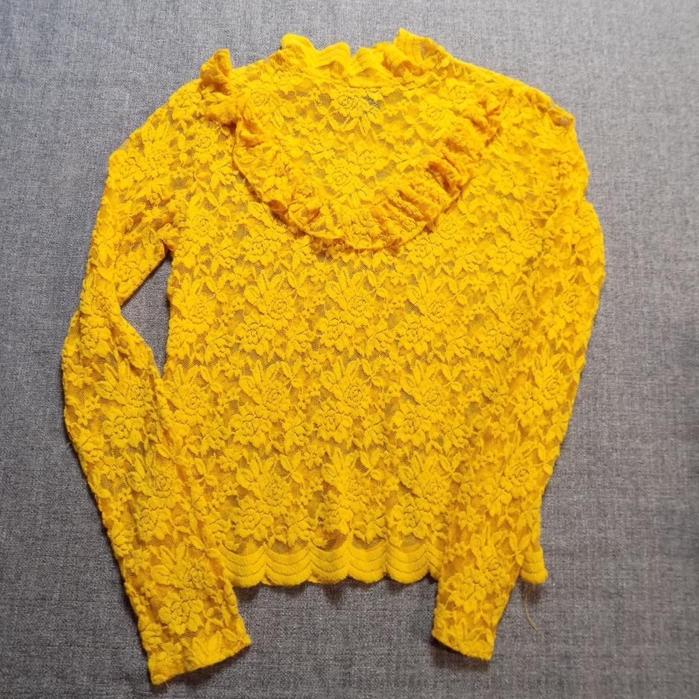 Forever‎ 21 Lace Blouse Womens L Yellow Good Ruffle Mock Neck Floral Long Sleeve